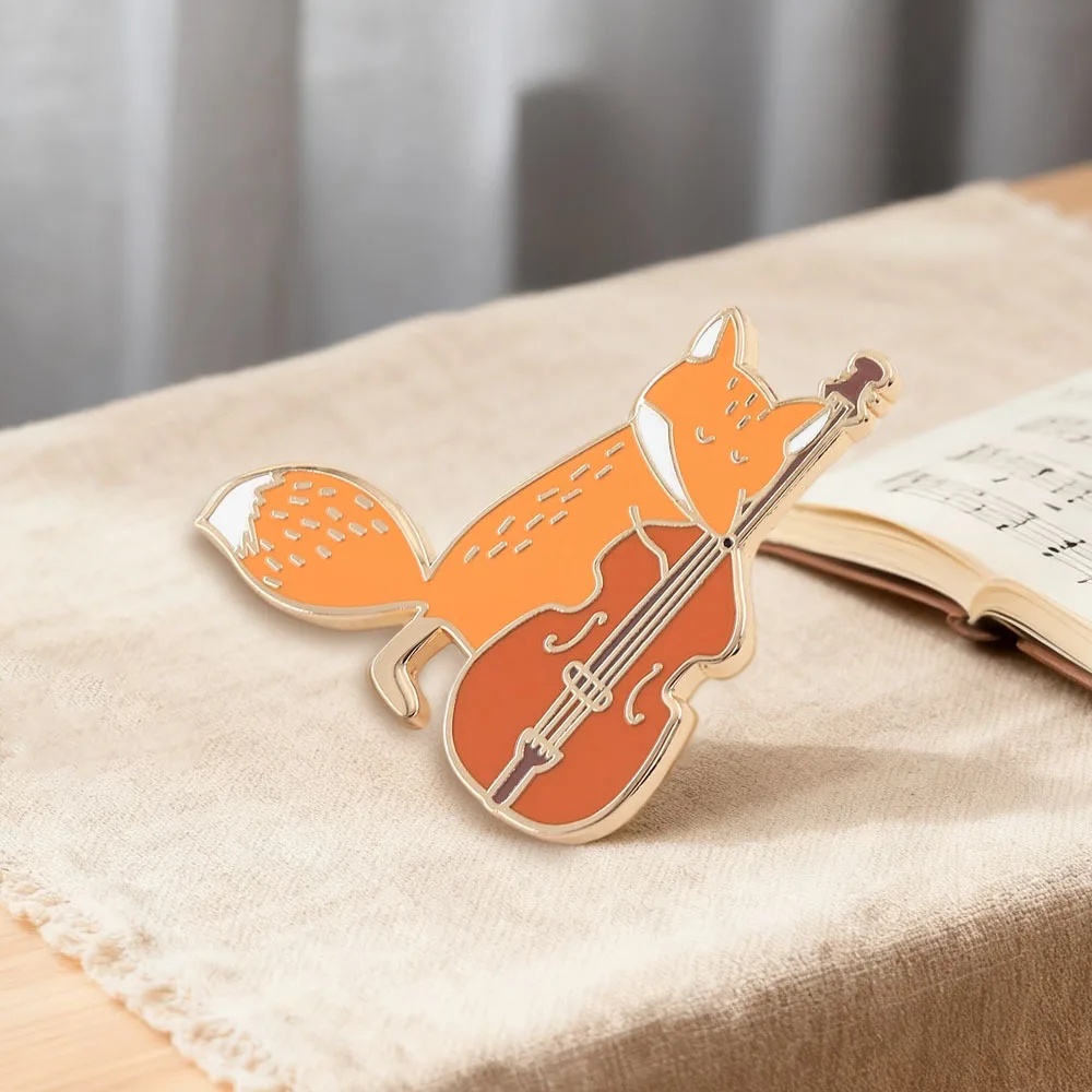 Whimsical Enamel Brooch Fox Playing Cello Pin Metal Badge Cute Animal Music Jewelry for Lapel Backpack Decor - view 3