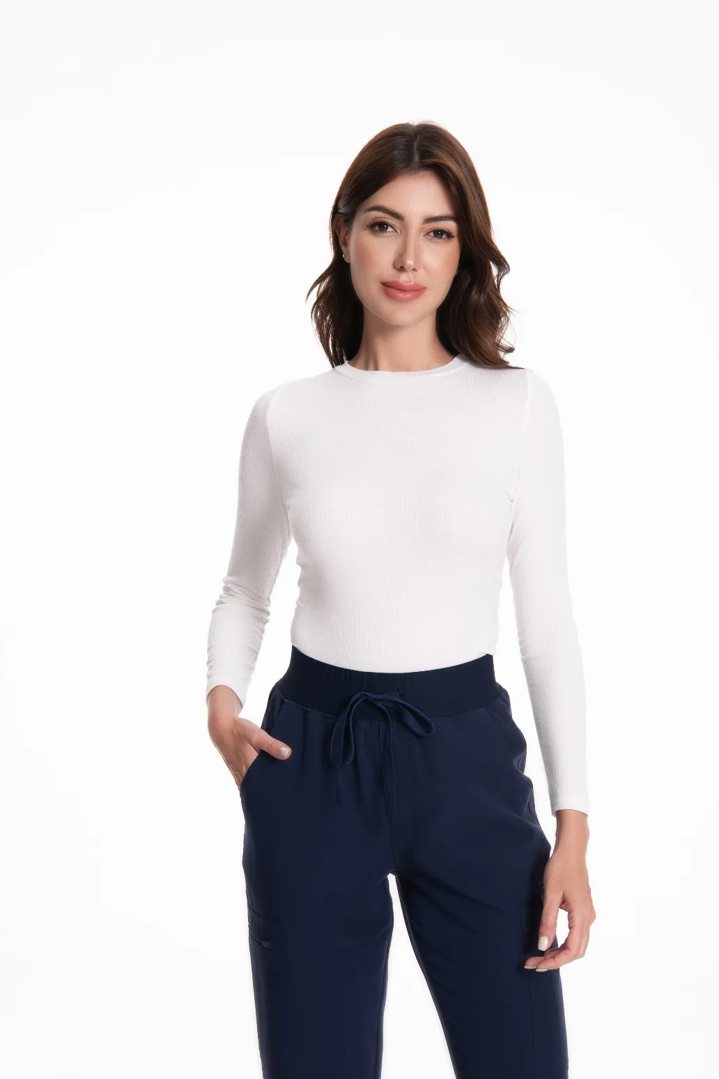 KUNGFU SCRUBS Nahtloses Unterhemd für Damen, schmal geschnitten, hochelastisches Modal-Unterhemd, Rundhalsausschnitt, lange Ärmel, Basisschicht-Oberteil – Detail 6