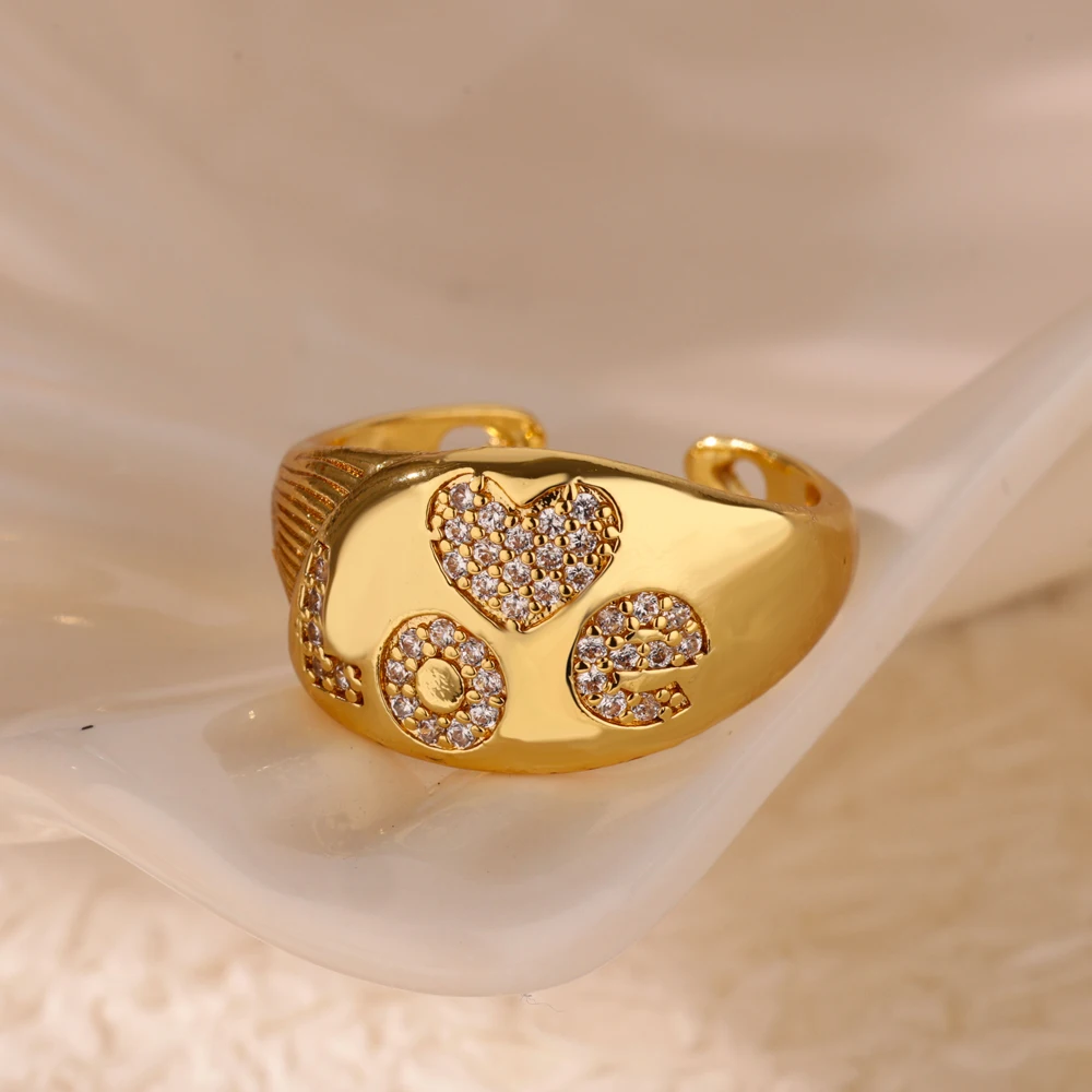 Geometric Zircon Chunky Wide Rings for Women Stainless Steel Gold Color Adjustable Ring Aesthetic Wedding Fashion Jewelry Gift