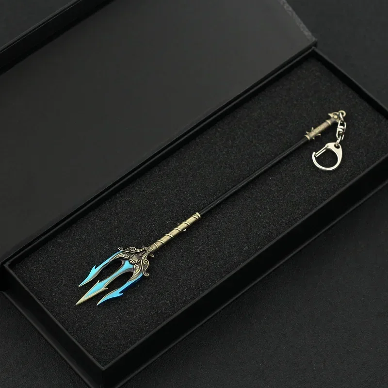 22cm/8.6in Poseidon Trident Keychain Game Anime God of War Weapon Katana Keyring Pendant Cosplay Props Fan Metal Model Sword