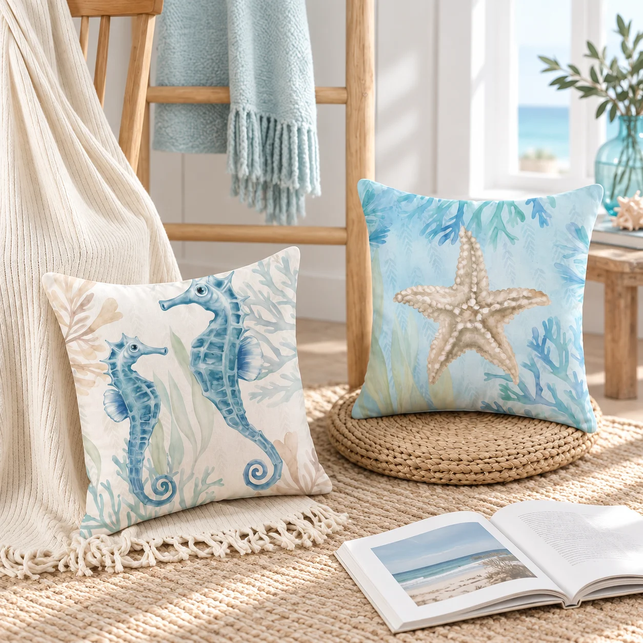 1/4PCS Coastal Watercolor Sea Life Cushion Cover Soft Short Plush Double-Sided Print Throw Pillow Cover for Sofa Home Decor Gift