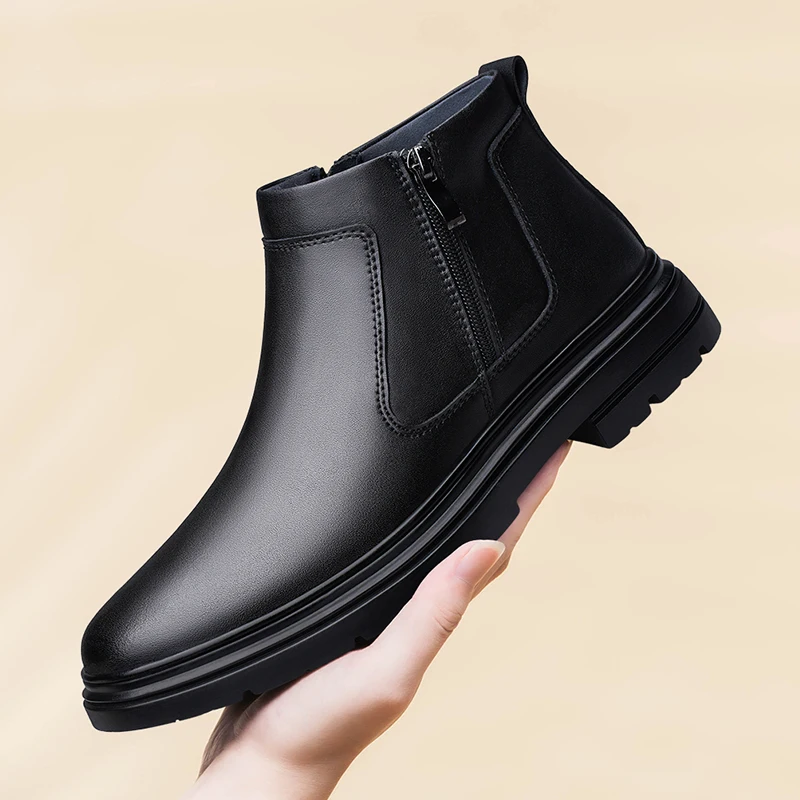 

Chelsea Men Winter Cotton Warm Business Dress Anti Slip Double Zipper High Classic Simple Fashion Short Boots