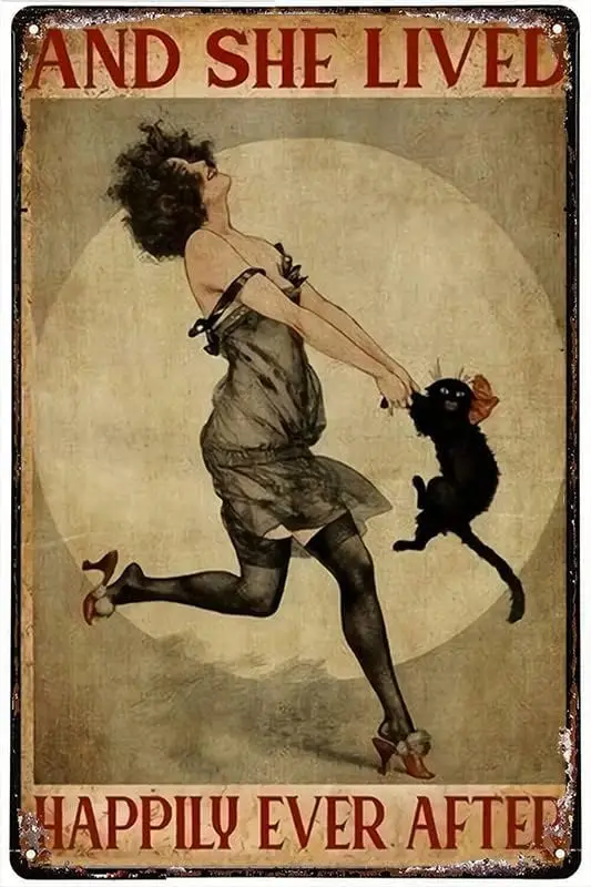 Vintage Style Metal Tin Sign Girl And Black Cat And She Lived Happily Ever After Metal Tin Sign Indoor & Outdoor Home Bar Co