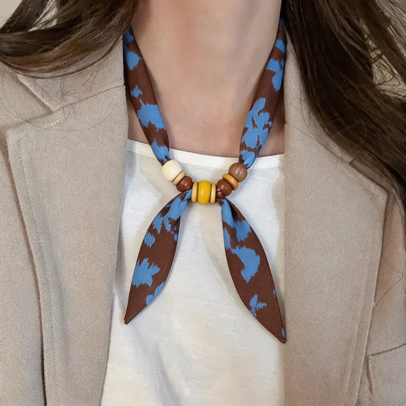 Vintage Bohemian Skinny Scarf with Wooden Bead Buckle for Women Print Neckerchief Multi-use Hair Scarf Bag Wrap for Travel Daily
