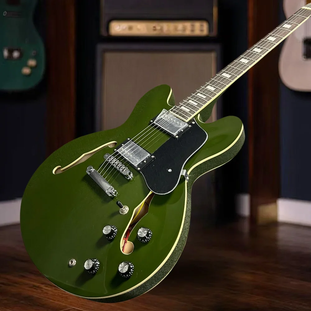 

Free Shipping Army Green Semi-Hollow Body F-Hole 335 Electric Guitar 6 String Guitarra Black Hardware Upgrade Accessories