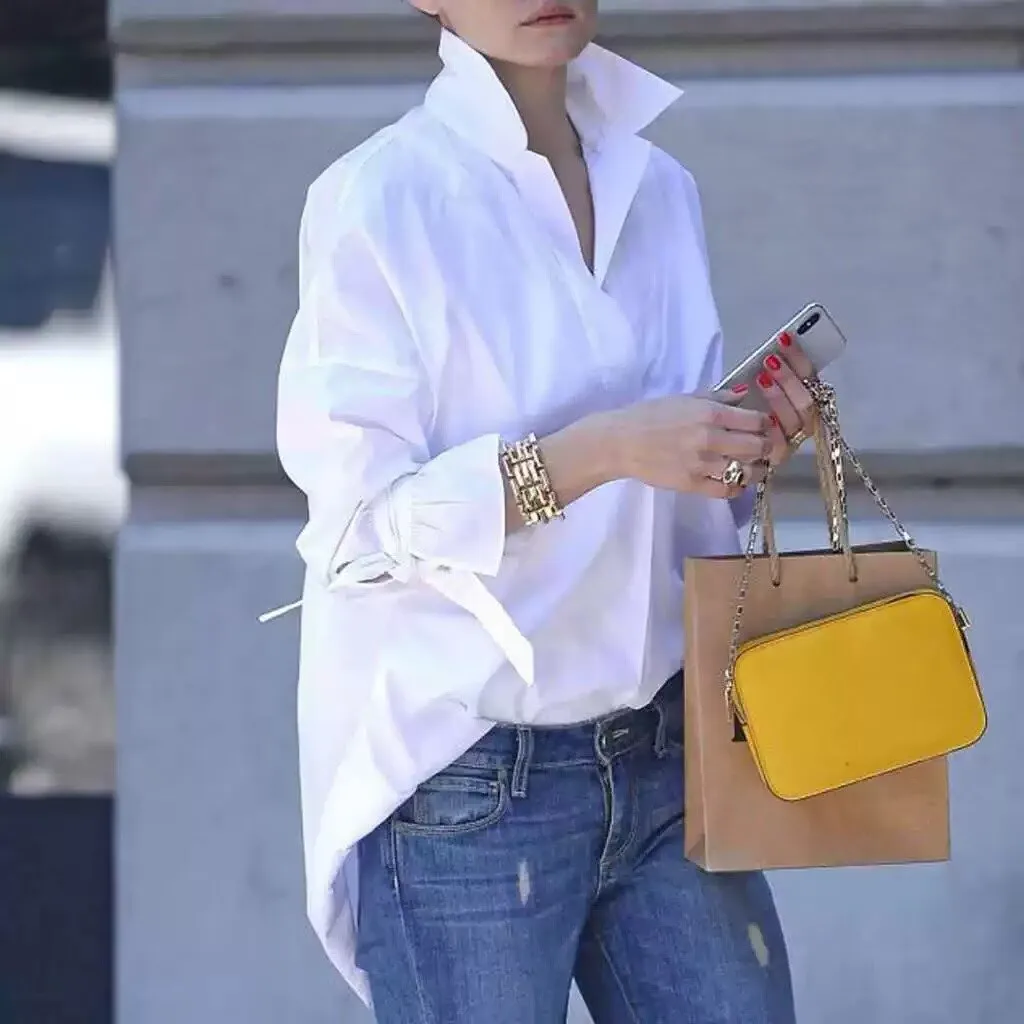 Spring Summer Women's Long Sleeve Shirts Women's Spring Summer Fashion Stand-up Collar Loose Solid Color Office Lady Tops Street