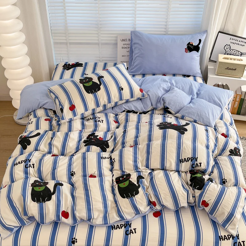 4pcs Blue Striped Duvet Cover Set Cartoon Cat Embroidery Pattern Comforter Cover Boy Girl Bedding Set 1 Bed Sheet 2 Pillowcases