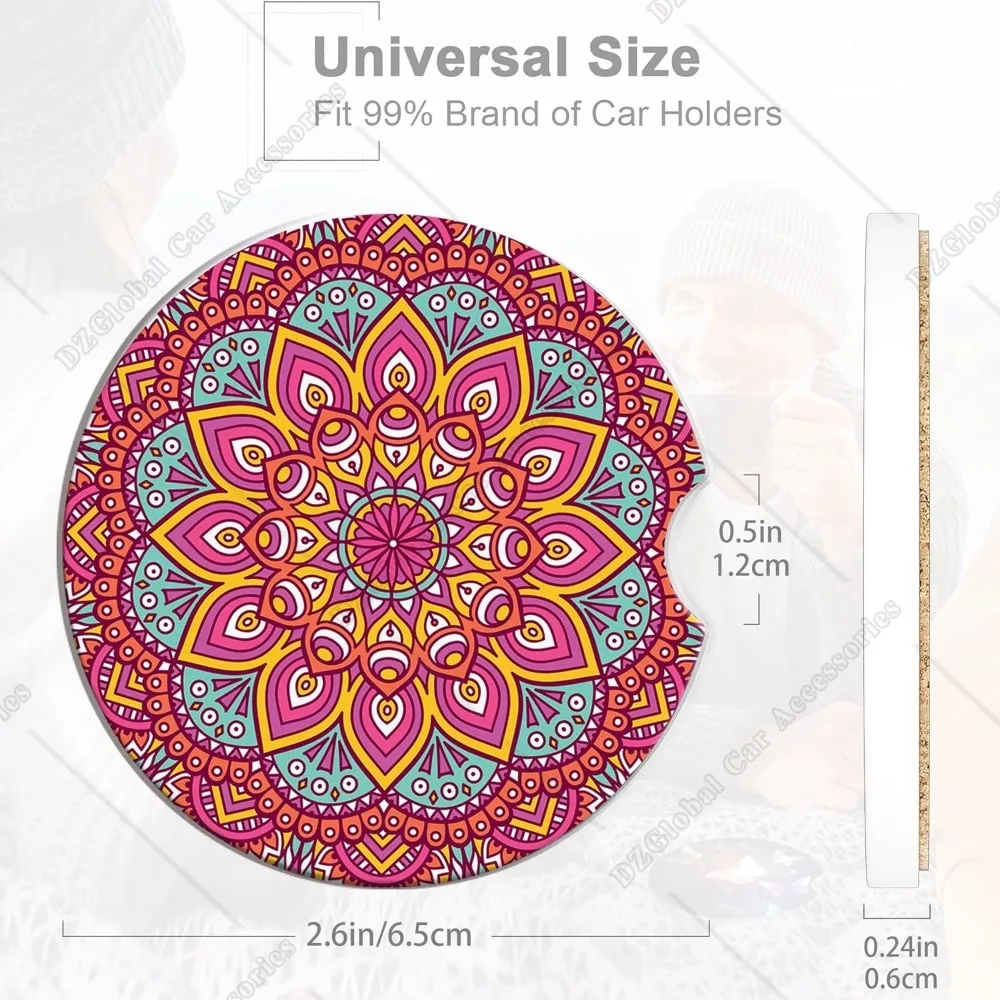 Boho Mandala Car Coaster for Women 2 Pack Vintage Flower Ottoman Absorbent Car Coasters for Cup Holders Insert Ceramic Anti Slip