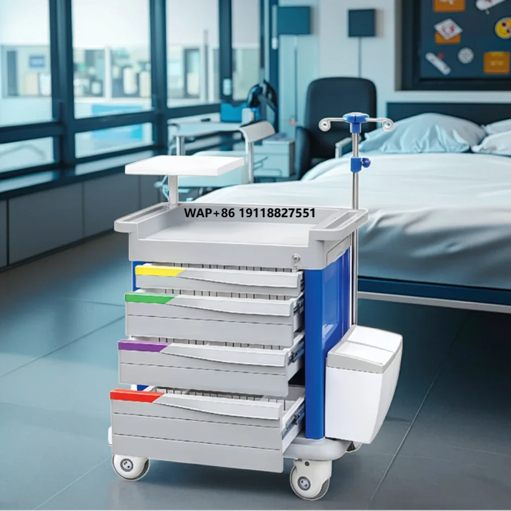 Medical Trolley Hospital Furniture & Equipment Emergency Cart with  Shelf Drawers Metal and Plastic Material