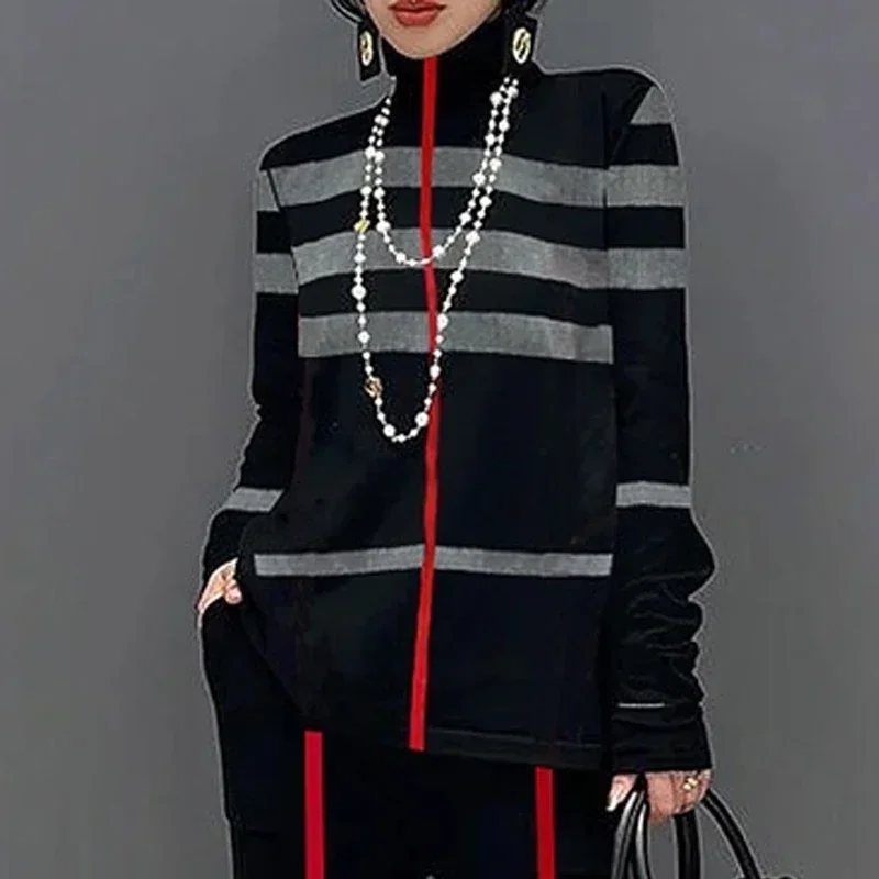 UOOZEE 2024 New Fashion Striped Printed Long Sleeve Loose High Neck Tops & High Waist Wide Leg Pants Urban Casual Two Piece Sets