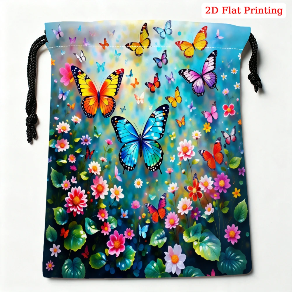 1Pc Butterfly Floral Print Drawstring Bag Multicolor Storage Small Pouch For Travel Cosmetics Glasses Organizer Portable Gift