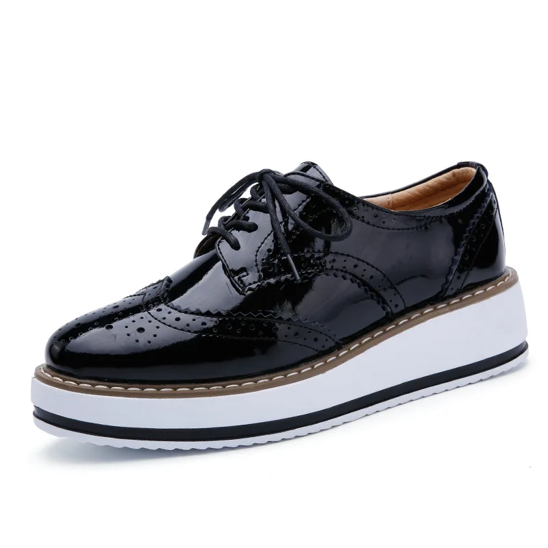 

Spring Autumn Women Derby Platform Gold Flats Brogue Leather Lace Up Classic Bullock Footwear Female Oxford Shoes Lady