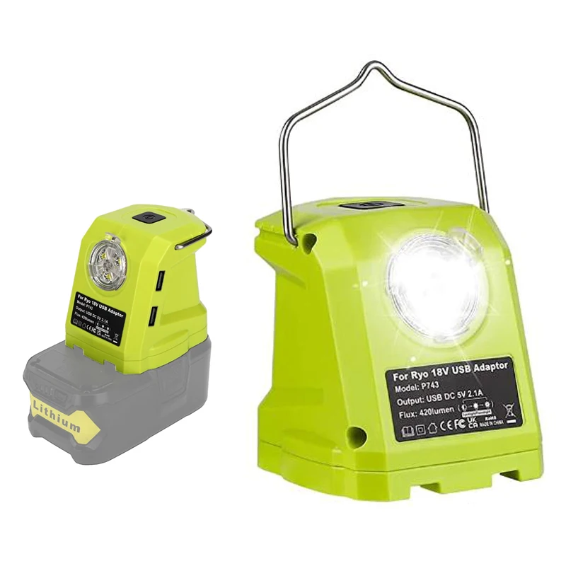 

9W Adapter Light LED Work Light Torch Dual USB Converter or Ryobi 14.4V-18V Li-ion Battery Power Tools with Hook Light
