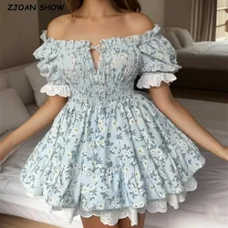 2024 Princess Flower Print Spliced Lace Mini Dress Women Puff Sleeve Elastic Slim Waist Ruffle Hem Ball Gown Cake Party Robe