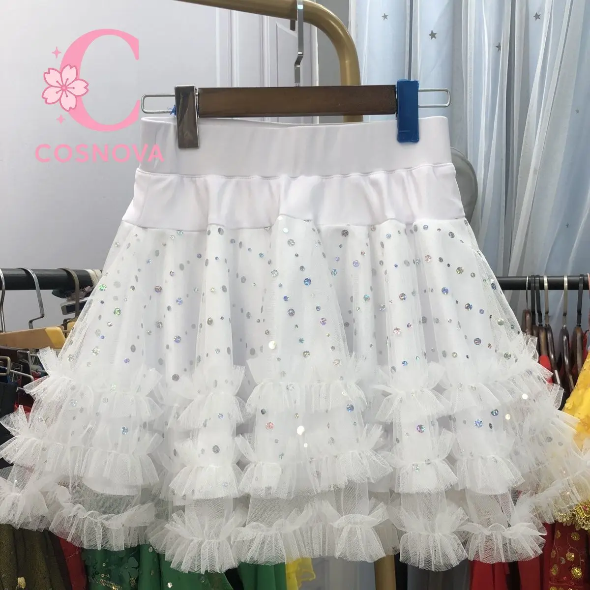 Sweet Lolita White Sequin Tulle Skirt Women High Waist A Line Elastic Ruffle Layered Petticoat Fairy Party Performance Skirt New