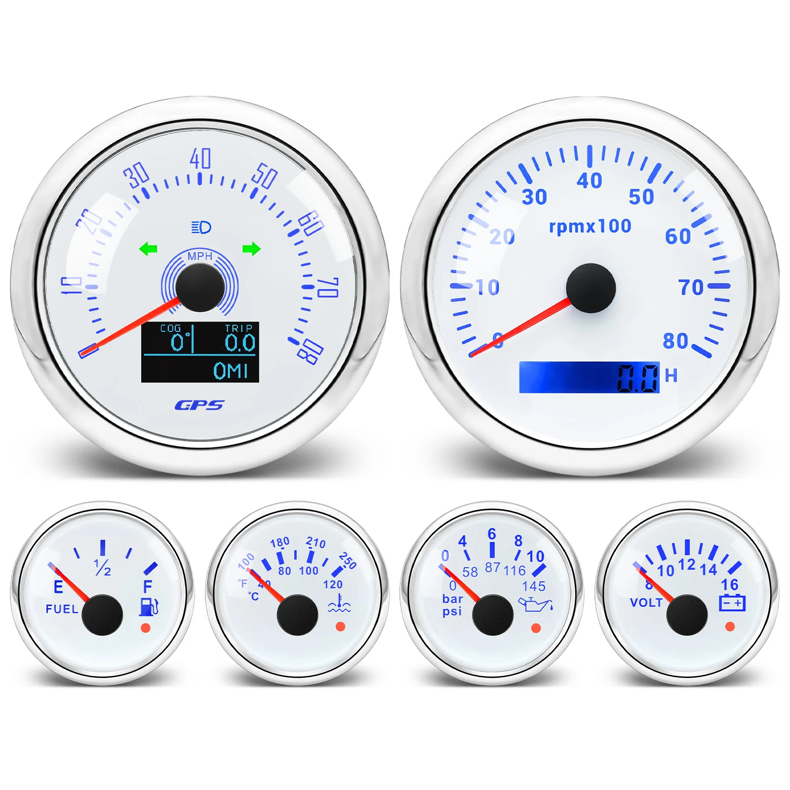 6 Gauge Set with Senders 85mm GPS Speedometer 80MPH 120MPH Tachometer Water Temp Oil Pressure Fuel Voltmeter Gauge for Boat Car