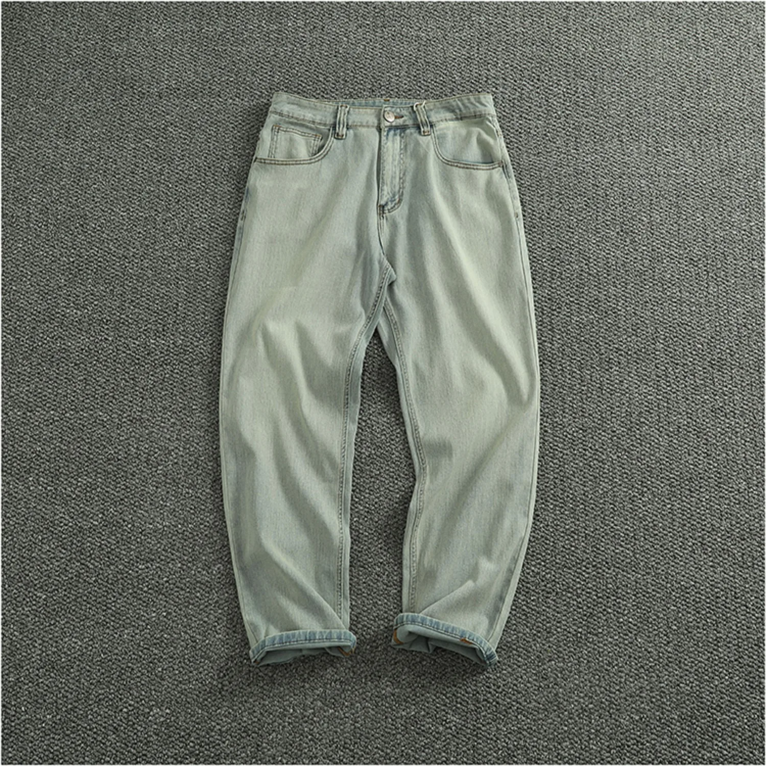 سراويل جينز عالية الساق واسعة ومستقيمة للرجال مريحة للربيع والصيف رقيقة للغسيل القديم