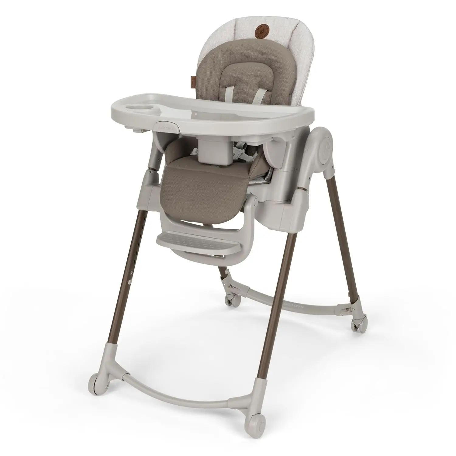 

Six In One High Chair For Babies Toddlers Portable Foldable Highchair EcoCare Fabric Height Recline Tray Position Truffle