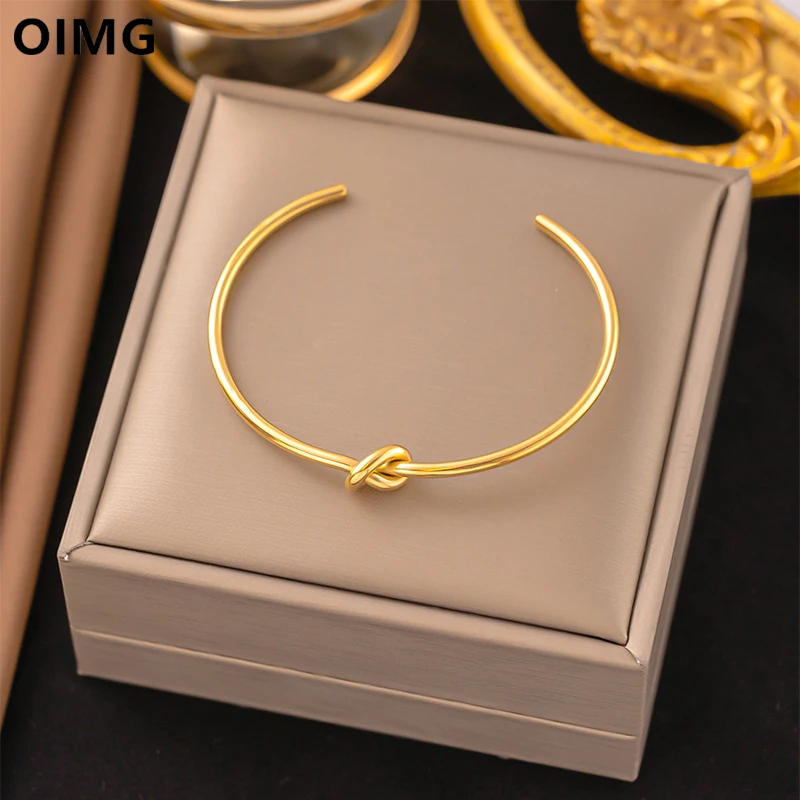 OIMG 316L Stainless Steel Gold Plated Temperament Round Knot Adjustable Open Bangle & Bracelet For Women Jewelry Waterproof