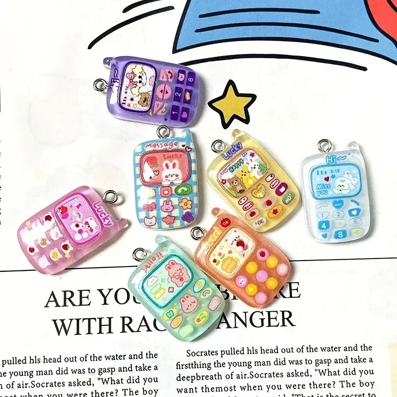 10Pcs Kawaii Cartoon Phone Shaped Resin Charms, Random Mix Lovely Rabbit Pendants, DIY Decor for Handmade Keychain Jewelry