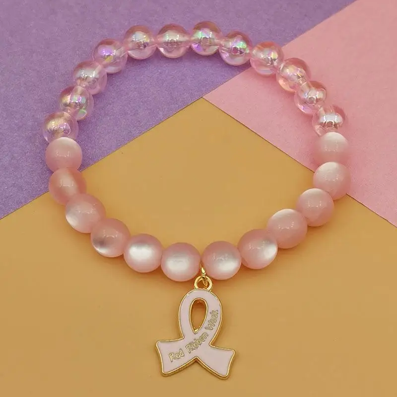 1Pcs Breast Cancer Awareness Stretch Beaded Bracelet Pink Ribbon Decor for Public Welfare Events Women Gift Daily Wear