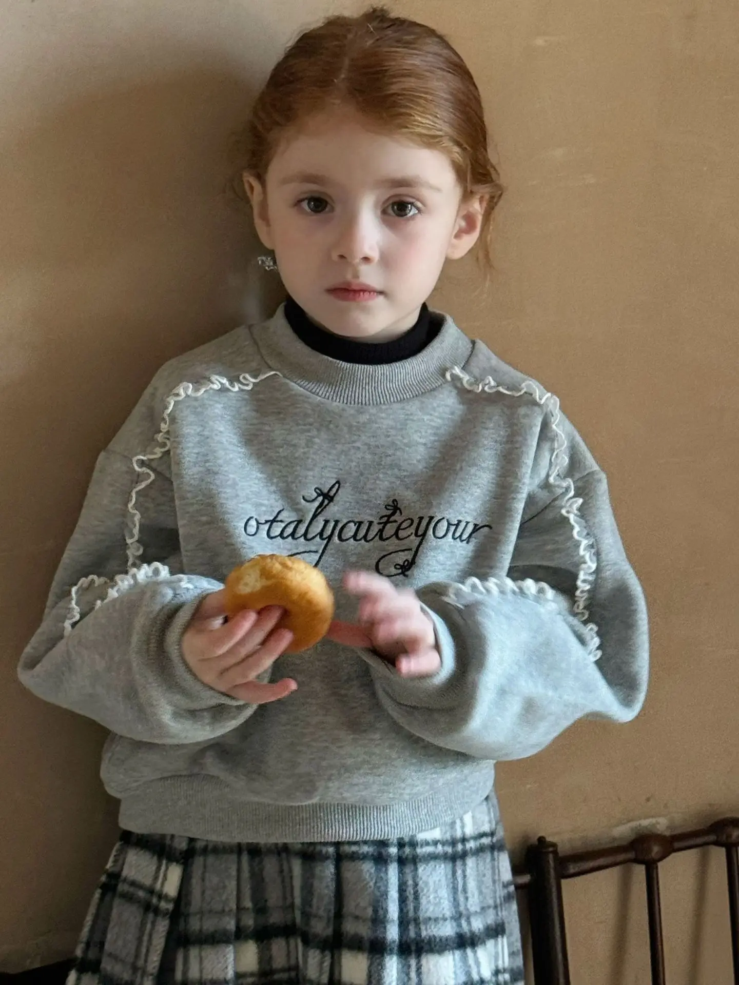 

2024, зимний детский бархатный милый кружевной свитер, детский корейский пуловер для девочек, утепленный свитшот, топ