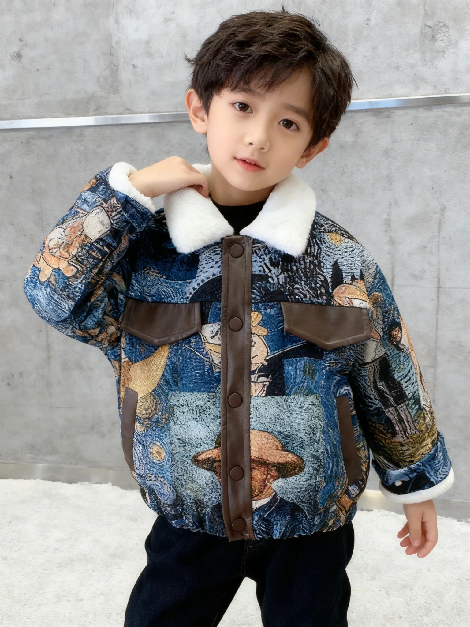 

Thiened Fce Collar Jaet for Boys Autumn Winter Warm Outerwear Youth Faion Stand Fit Long Sve Zipper Closure Co...