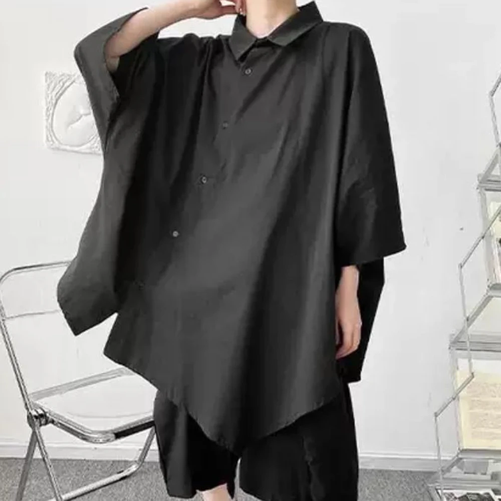 Mens Mid Length Irregular Slanted Button Dark Black Shirt Streetwear Fashion Youth Outdoor Nightclub Top Men'S Clothing 2026