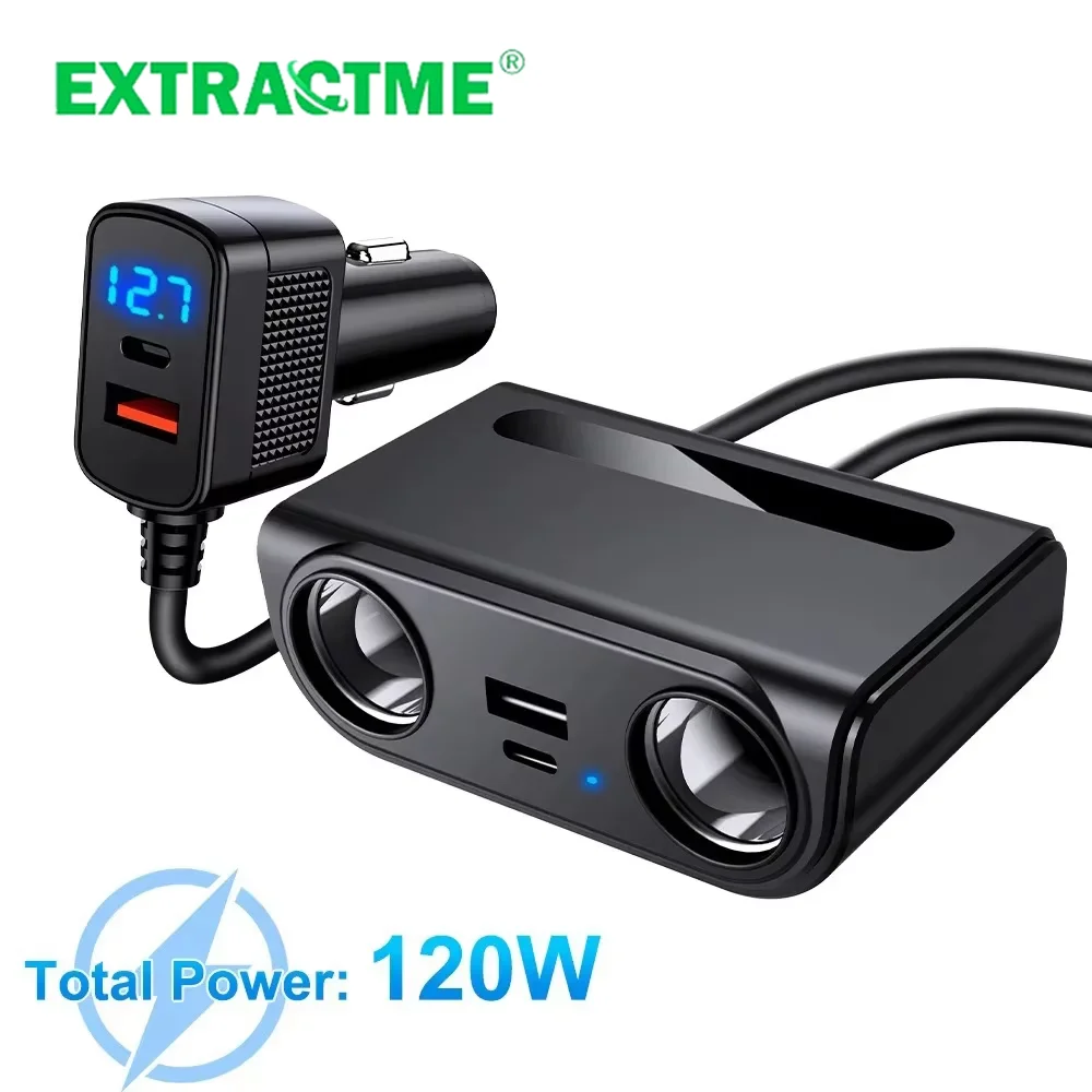 Extractme Car charger, 7-in-1 cigarette lighter adapter, four USB ports and two cigarette lighter sockets, voltage display