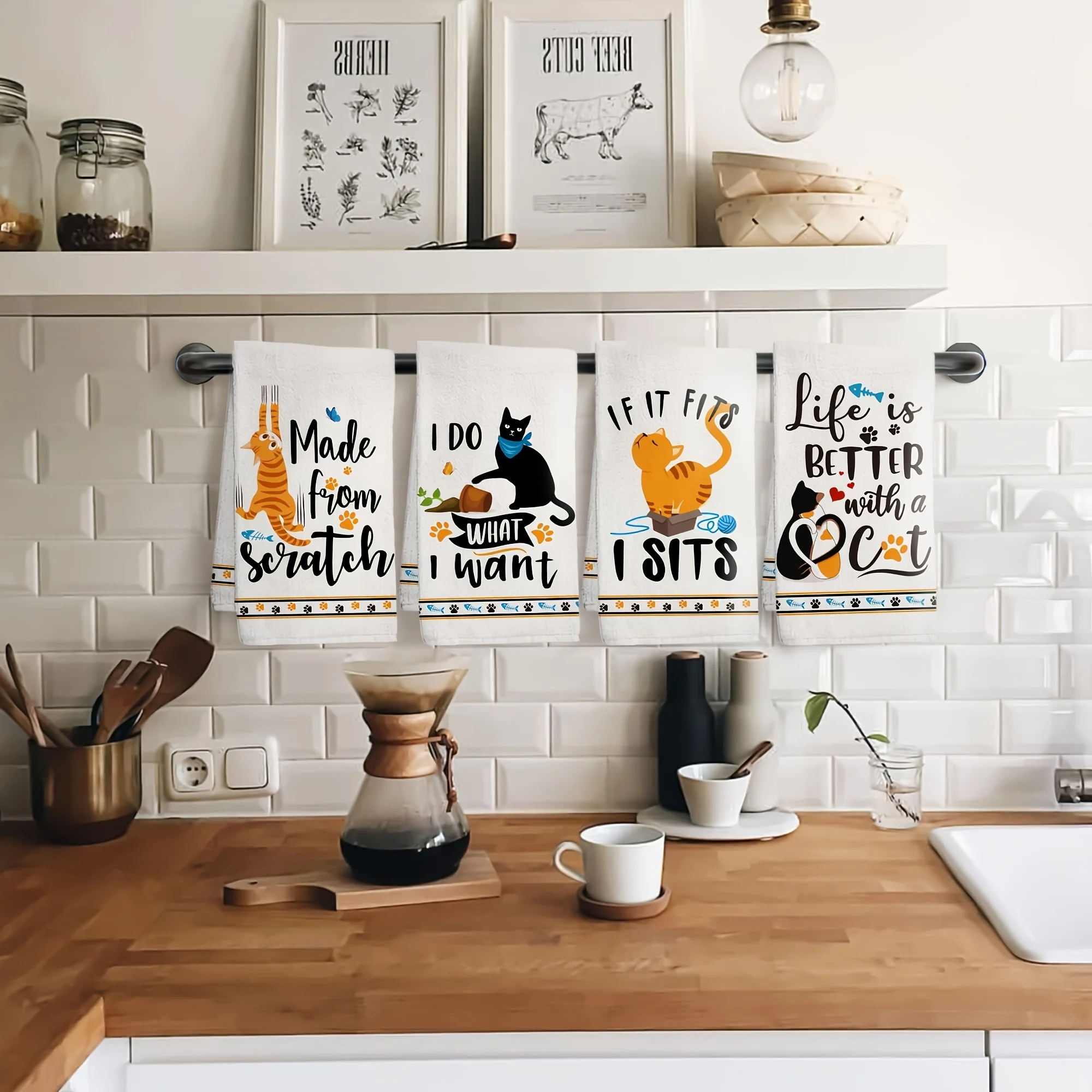 2-Pack Cute Cat Kitchen Towels | Minimalist Modern Cartoon Style | Soft Absorbent | Dishcloth for Cleaning & Kitchen Decor
