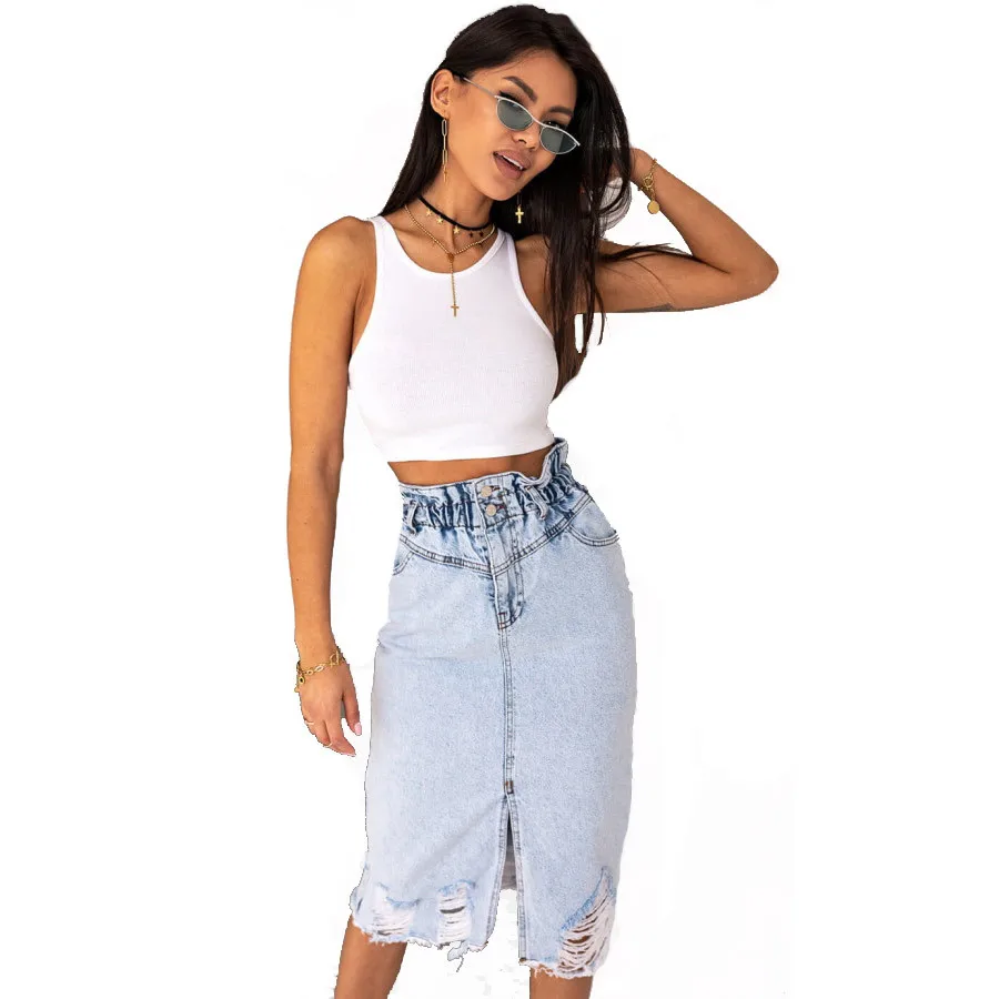 2024 Denim Midi Skirt Ripped Button Elastic Split Light-Colored Washed Denim Pencil Skirts High Waist Ripped Buttock Half-Length