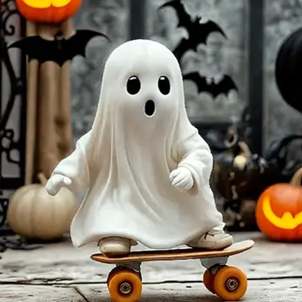 

Skateboard Ghost Halloween Ghost Statues Halloween Themed Model Spooky Sculpture Collectible Handicraft Ghost Halloween Ornament