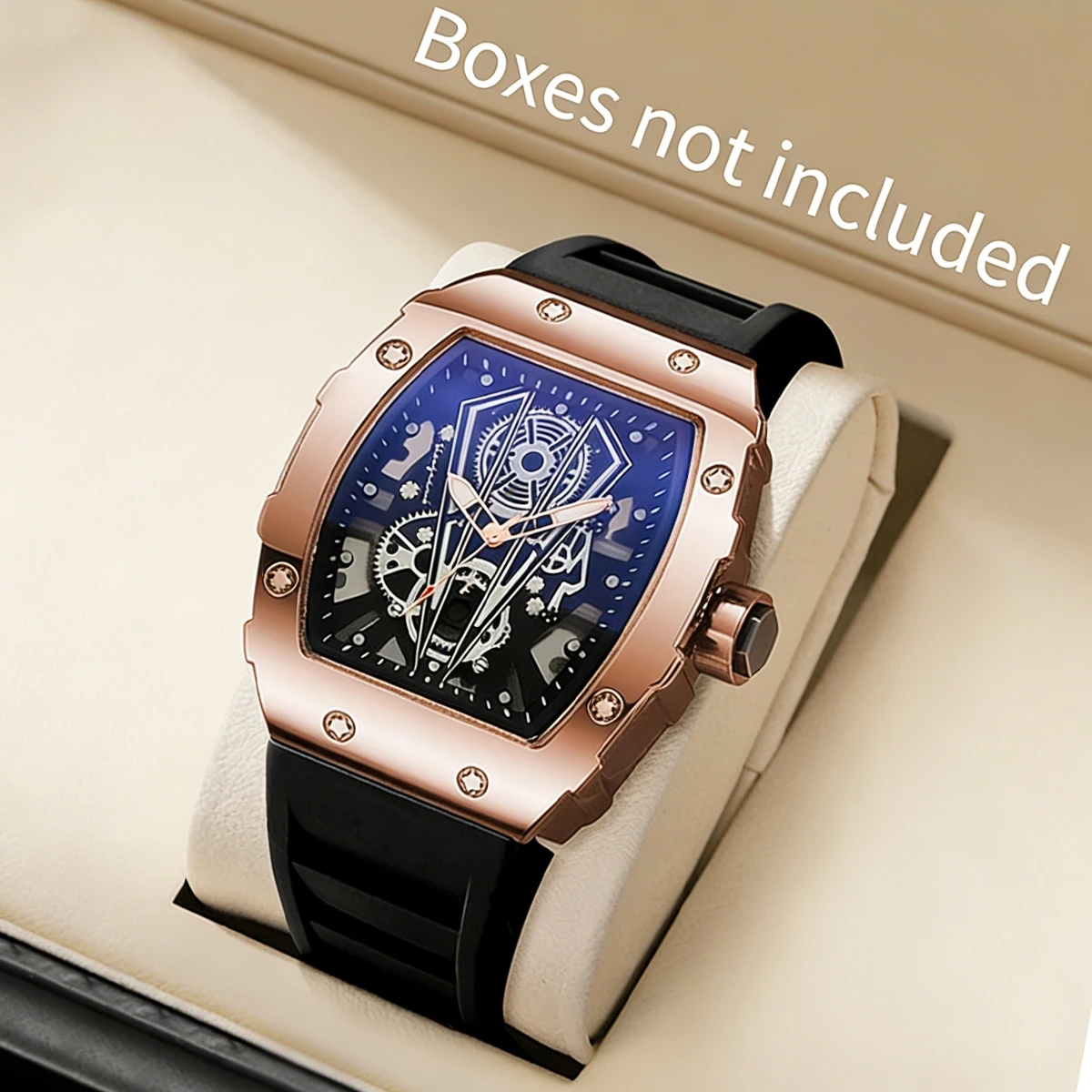 Hollow out Richard wine barrel shaped quartz watch for men, silicone watch for men, business calendar, sports watch for men