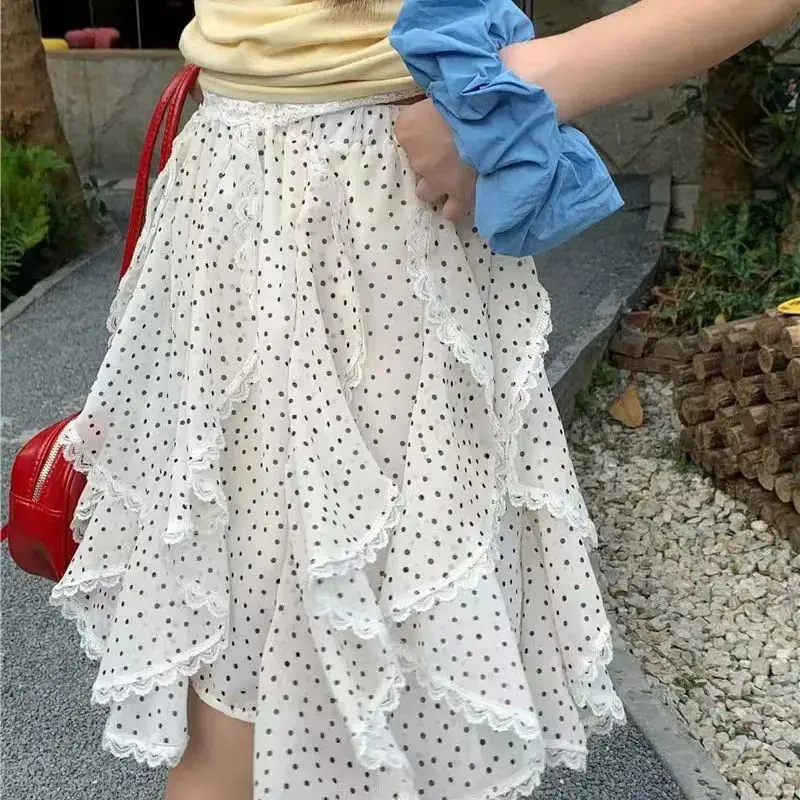 Lace Tulle Skirt Women Irregular Stitching Chiffon Layered Ruffle Skirt Korean Style High-waist Dot Hem Flowy A-line Lady Skirts
