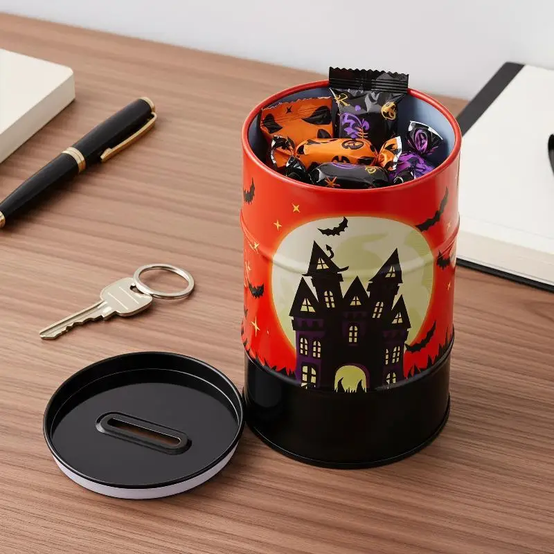 @*Vintage Bat Print Halloween Metal Piggy Bank Shatterproof Coin Collection Box for Kids Gift Home Living Room Decor