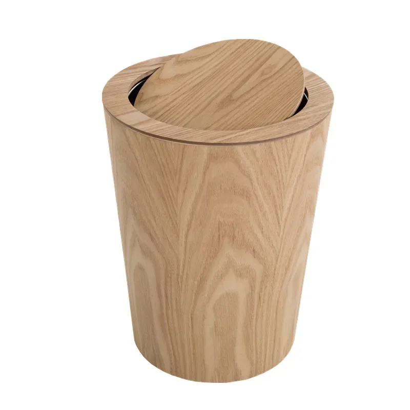 9L Garbage Can with Lid Waste Bins Solid Wood Wastebasket Home Cleaning Tools Round Trash Can Swing Cover Office Storage Baskets