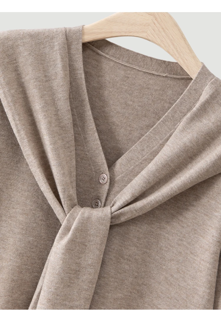 MZ62082 Damen-Strickjacke mit Schalkragen, kurzen Ärmeln, V-Ausschnitt, weicher, einfarbiger Modal-Mischstoff, lässiger Pullover für den frühen Herbst – Detail 18