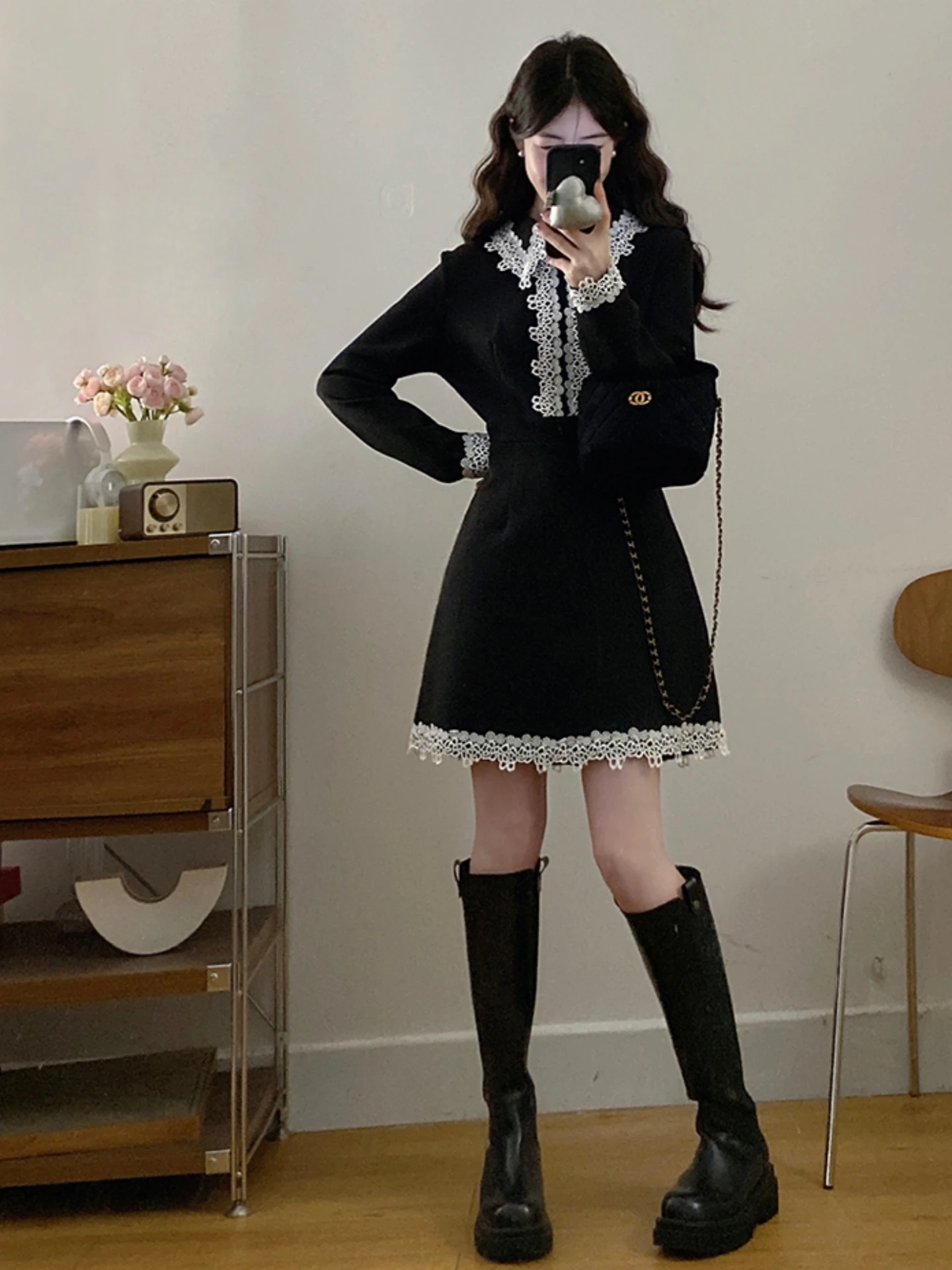 Black Lace Splice Women's Spring Autumn New plus Size Slimming Waist A-Line Long Dress High Waist Long Sleeve Comfortable Fit