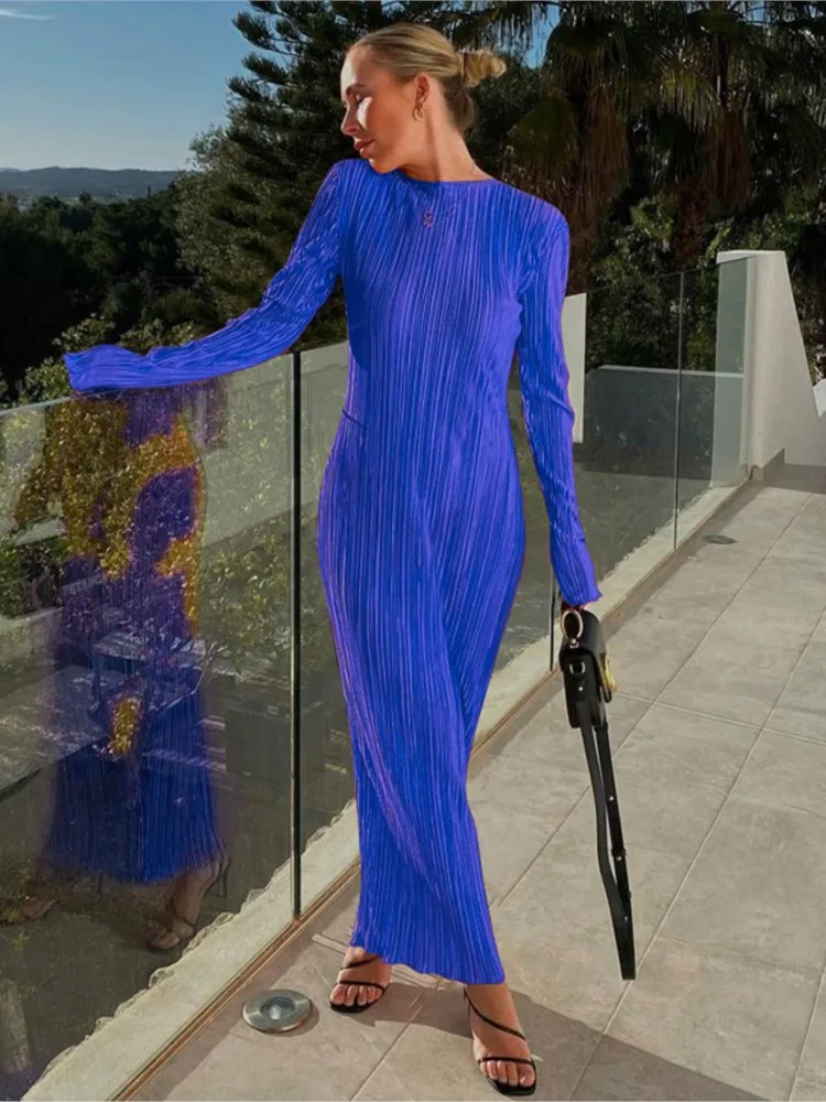 

Elegant Ribbed Solid Color Long Dress Round Neck Long Sleeved Women's Spring Autumn New Fashion Casual Slim Fit Dress
