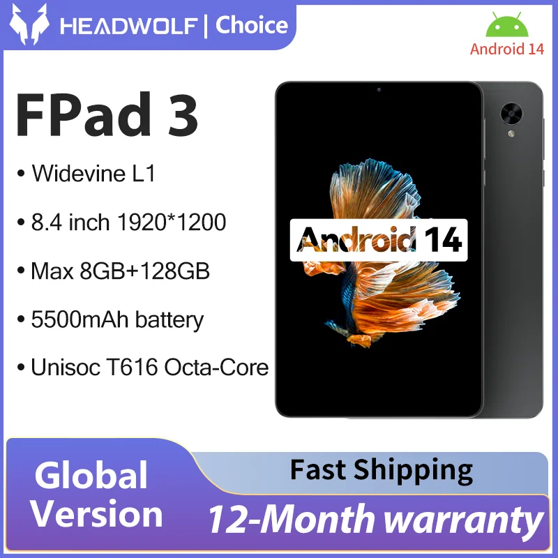 HEADWOLF FPad3 Tableta con Android 14 de 8,4 pulgadas, tablet con Widevine L1 Max, 8GB de Ram, 128GB de ROM, 4G LTE, llamadas telefónicas, batería de PC, 5500 mAh