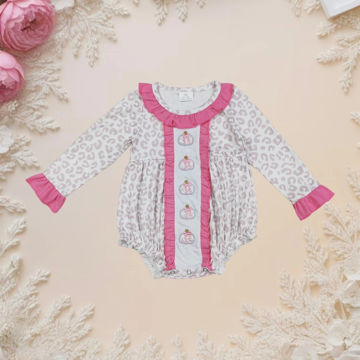 

Baby Girl Fall Romper Pumpkin Leopard Embroidery Bows Ruffle Jumpsuit Cozy Autumn Outfit Newborn Toddler Clothes Hot Sale