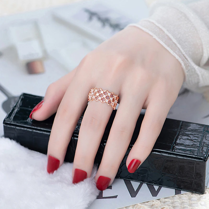 Fashion Creative Mesh Features 925 Sterling Silver Resizable Rings Women Jewelry Rhombus Net Rhinestone Rose Gold Finger Ring