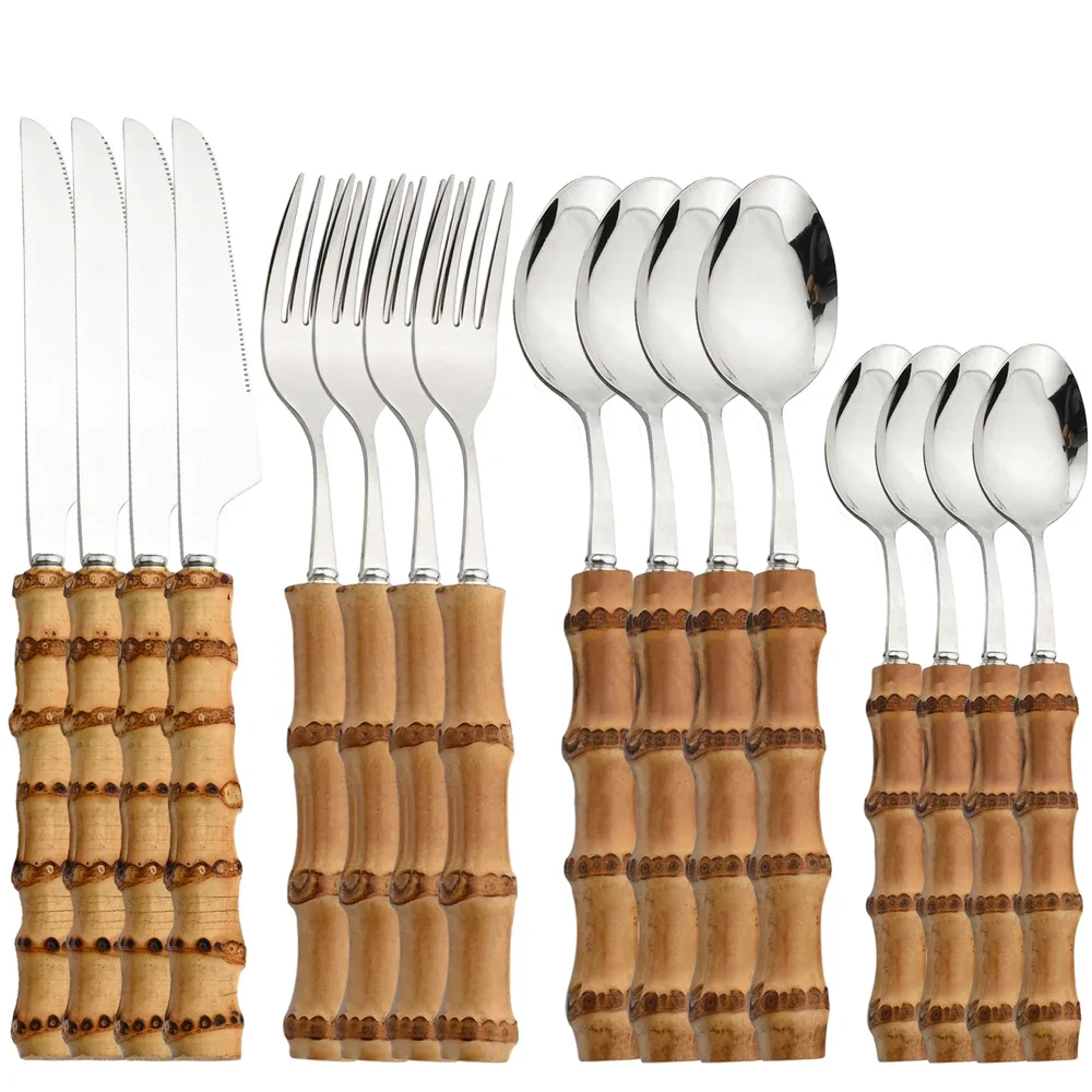 16Pcs Nature Bamboo Handle Cutlery Stainless Steel Dinnerware Sets Knife Fork Spoon Purely Natural Bamboo Tableware Set