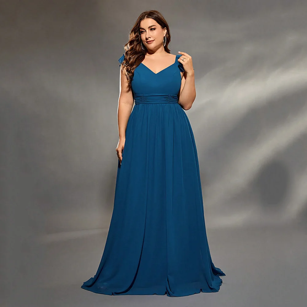 

L-4XL Blue Simple Evening Party Dresses Summer Sleeveless Pad Performance Dress Large Size Prom Formal Ball Gowns Stage Costume