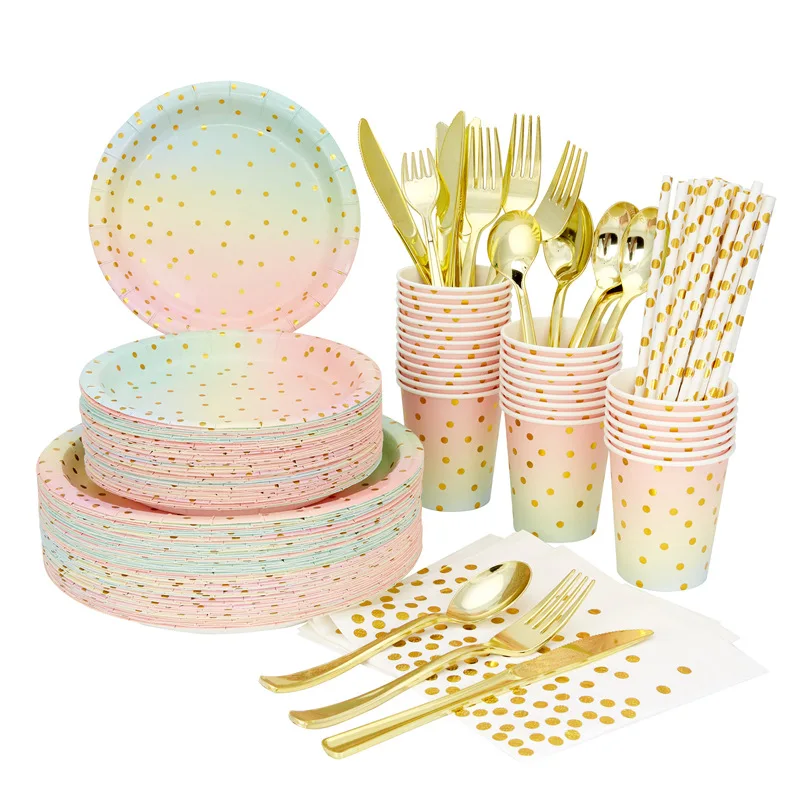

Rainbow Hot Stamping Birthday Party Decorations Disposable Tableware Napkins Paper Cup Straw Kild's Baby Shower Party Supplies