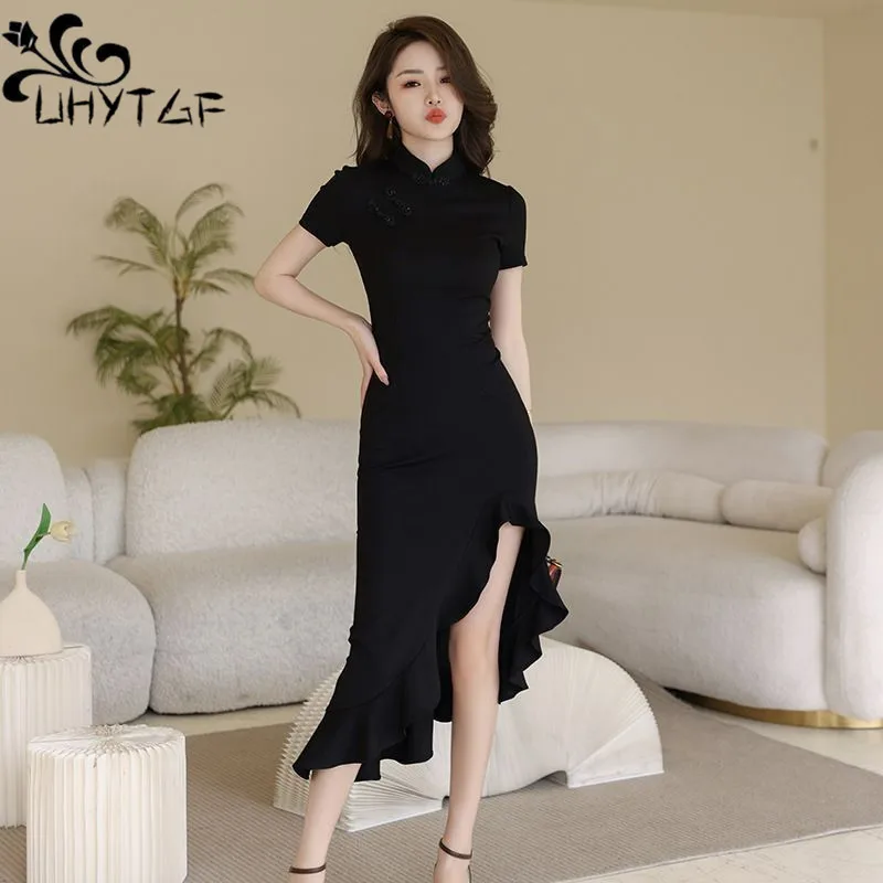 

Chinese Style Improved Cheongsam Lady Disc Buckle Irregular Improvement Qipao Split Fishtail Long Daily Women Qipao Dress 3180