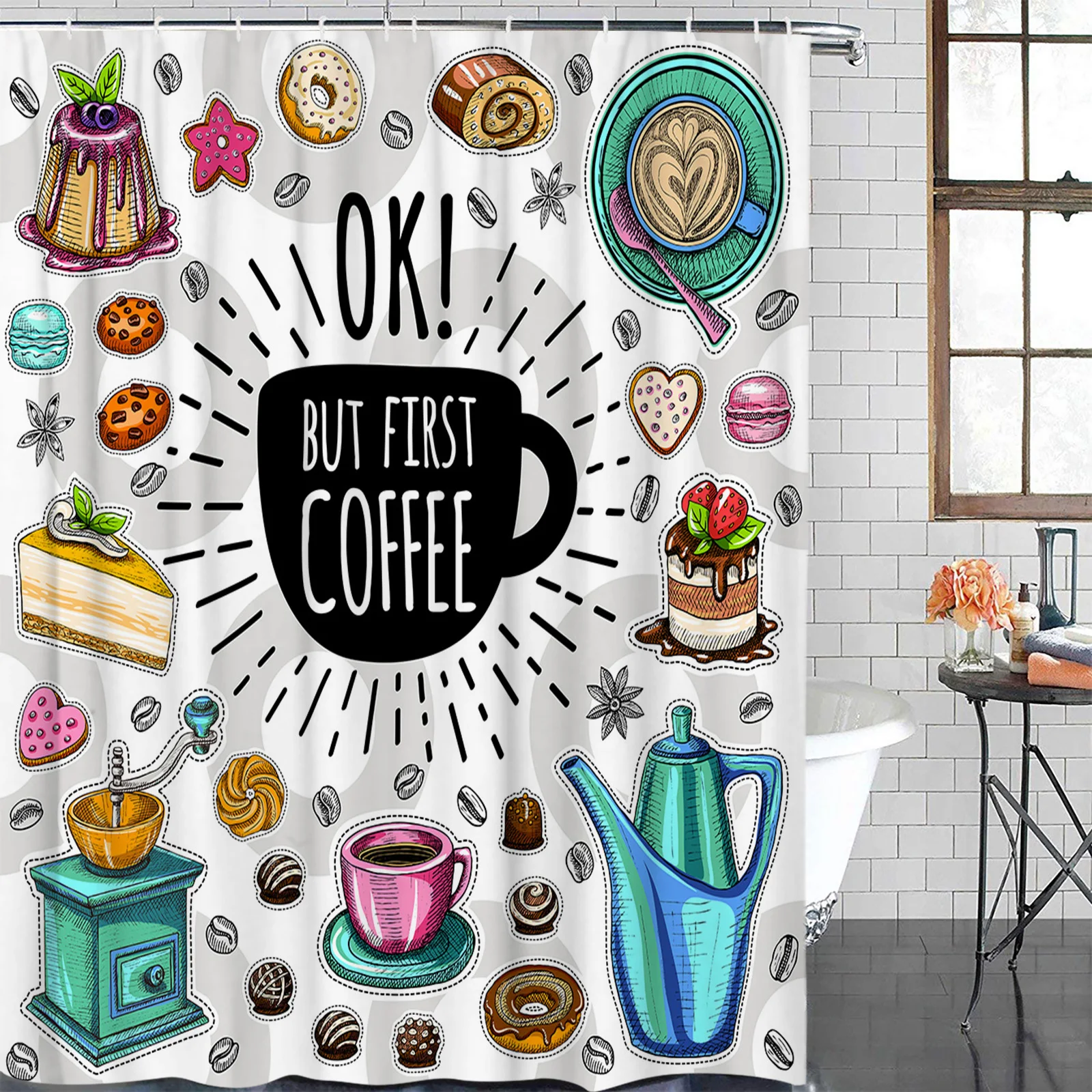 Koffiekopje Taart Dessert Waterdicht Badkamer Decoratie Douchegordijn Met Haak Gedrukt Bad Gordijnen Badkamer Accessoires