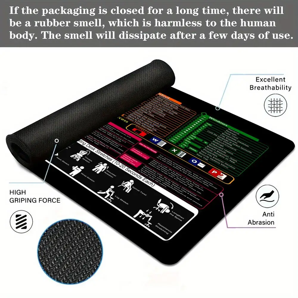 مفاتيح اختصار برامج المكتب، لوحة ماوس كبيرة، حصيرة مكتبية غير قابلة للانزلاق، حافة مخيطة متينة، حصير طاولة اختصار Excel، لوحة ماوس مكتبية