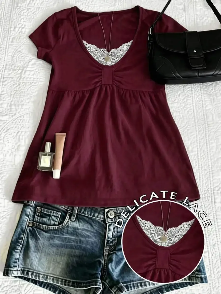 Womens Casual Short Sleeve T-Shirt with Lace Detail