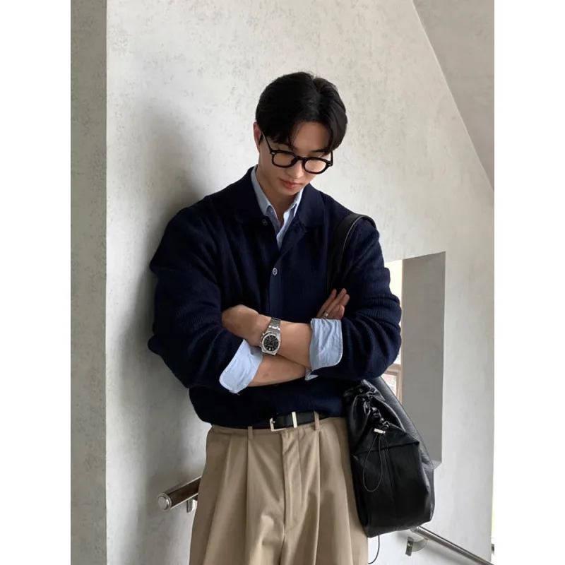 

Осень-зима 2025: повседневный однотонный вязаный свитер с лацканами, кардиган, теплая куртка, мужской свитер в корейском стиле